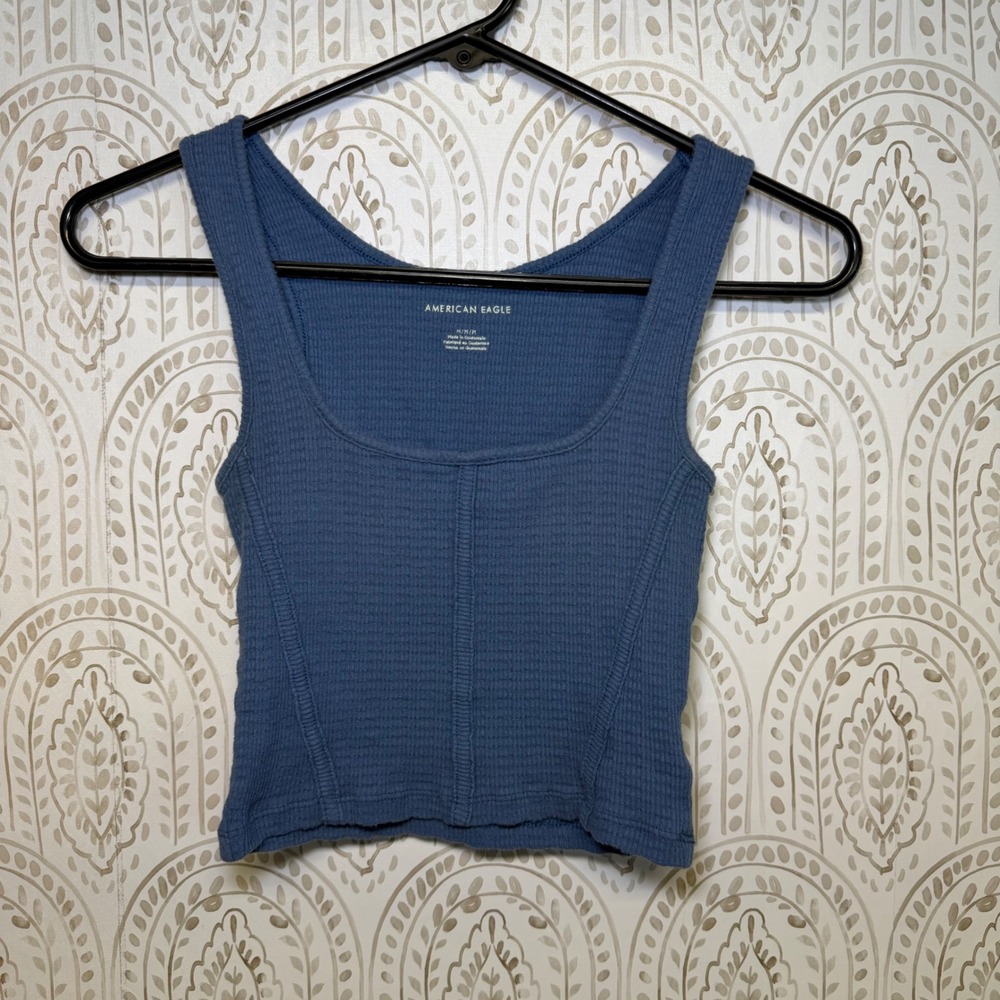 American Eagle Blue Ribbed Corset Seam Tank Top‎ Square Neck Medium